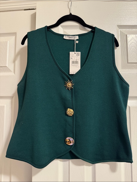 Mango Tops - Mango Deep Teal V-Neck Button Front Sleeveless Top - Size XL New With Tags